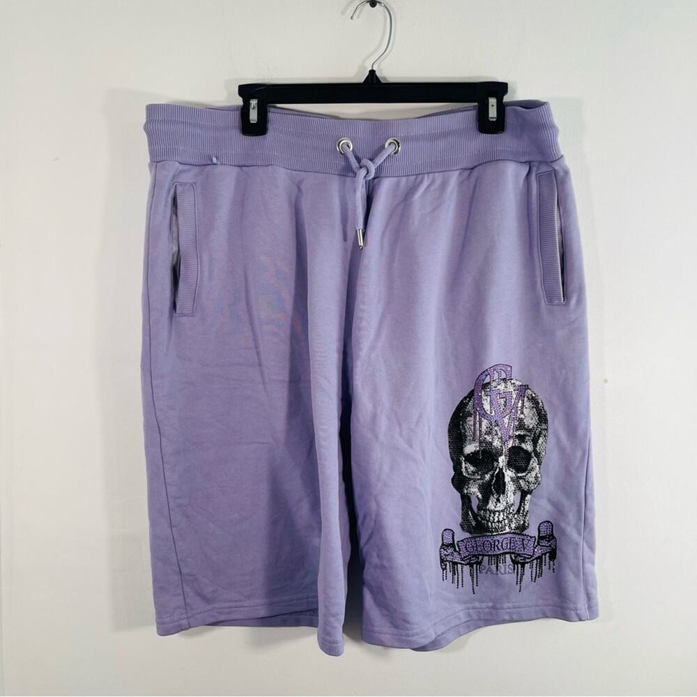 Avenue George V Purple Rhinestone Crystal Dripping Skull Drawstring Shorts 3X